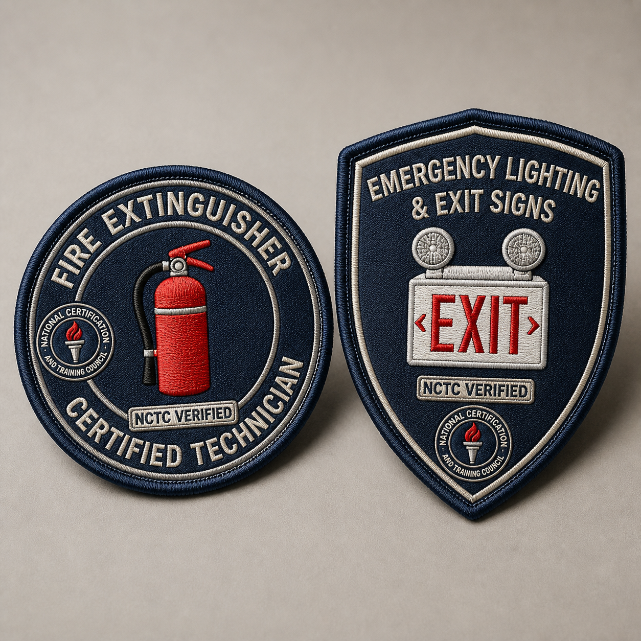 Concept examples of fire extinguisher and emergency lighting certified technician patches