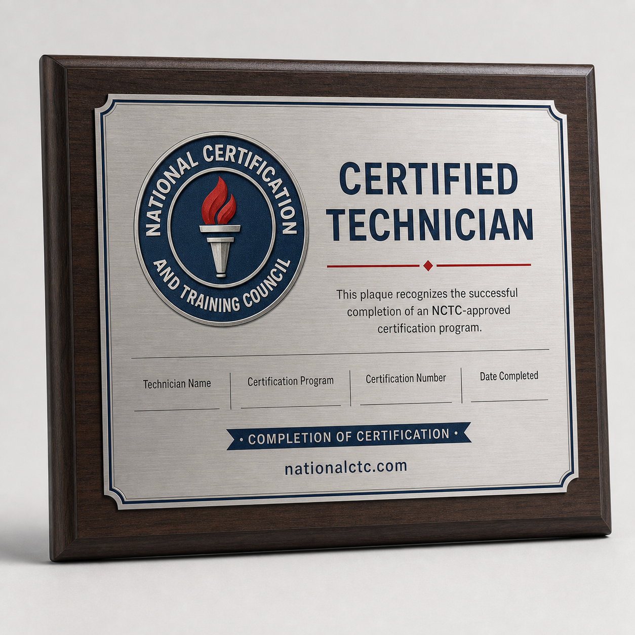 Concept example of an NCTC certified technician completion plaque