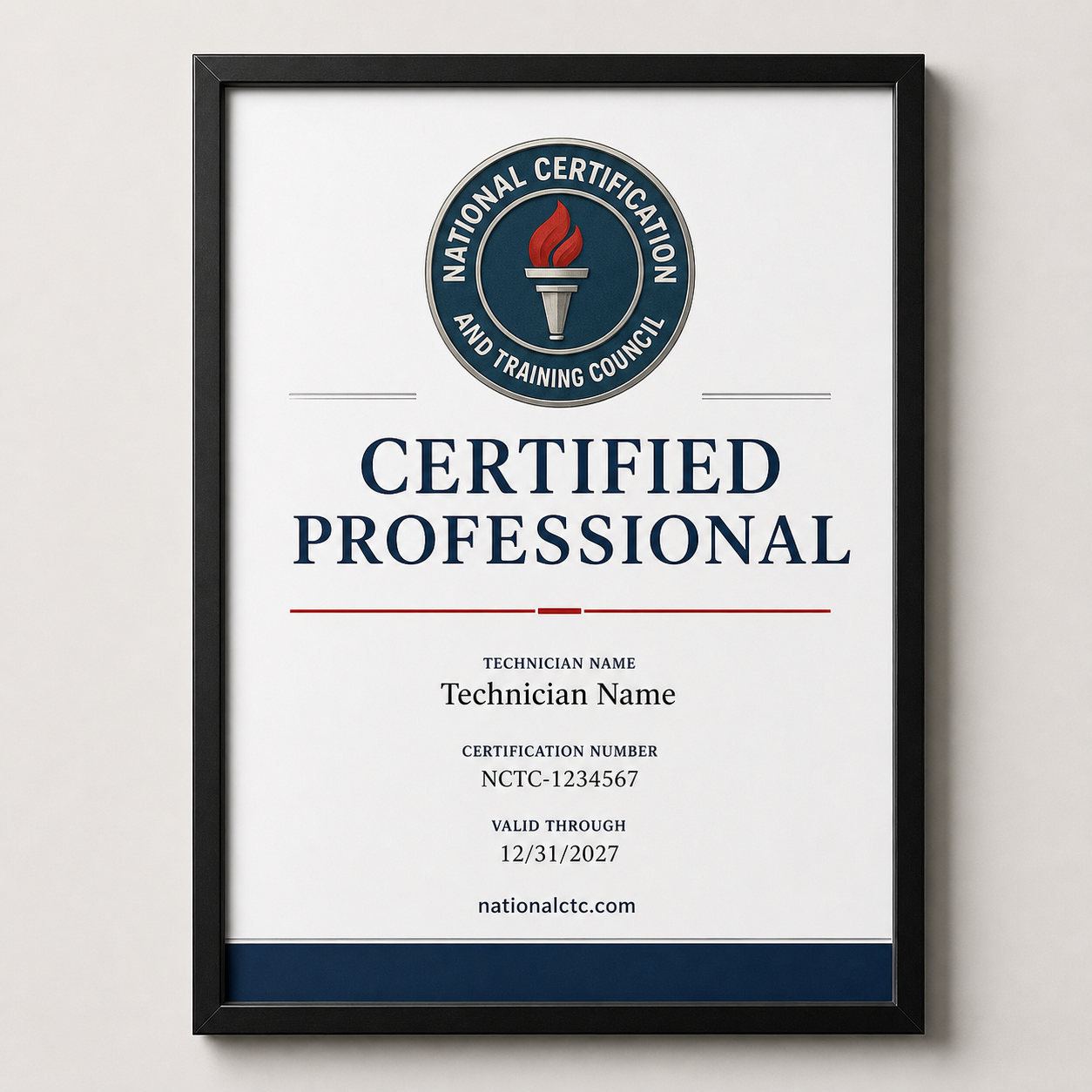 Concept example of a framed NCTC certified professional poster