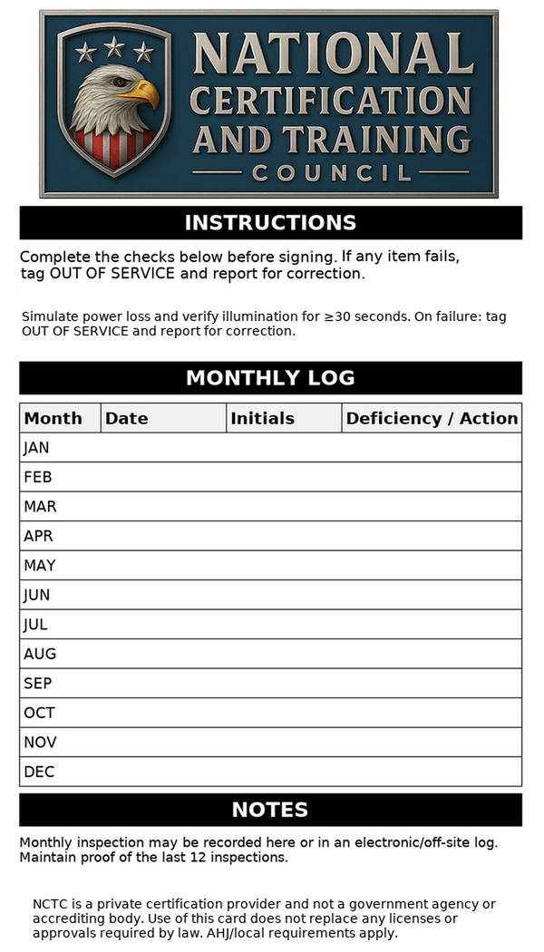 Reverse monthly log of the NCTC emergency light and exit sign inspection card