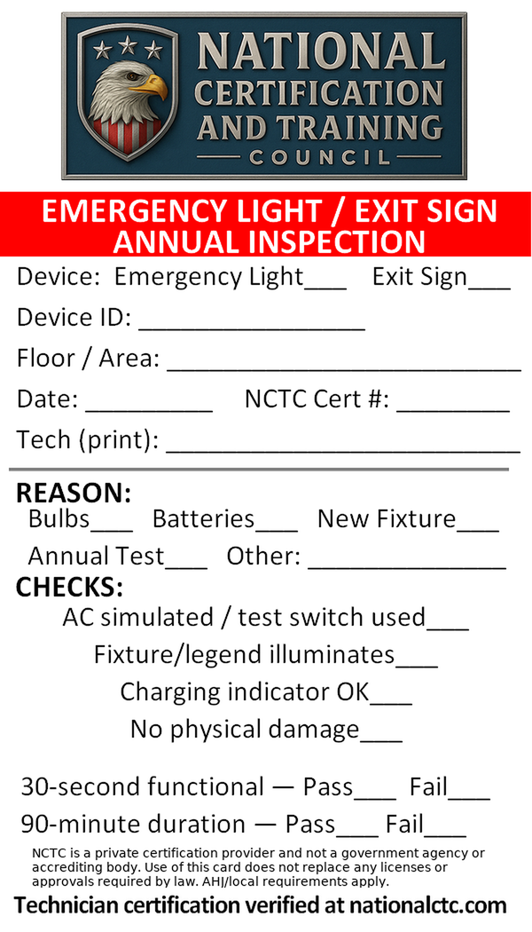 Front of the NCTC emergency light and exit sign inspection card