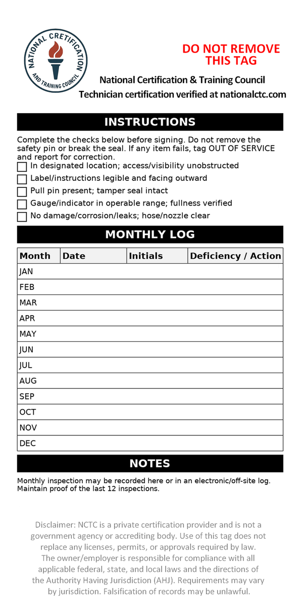 Reverse monthly log of the NCTC fire extinguisher annual maintenance hang tag