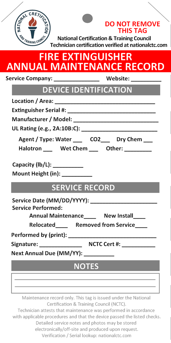 Front of the NCTC fire extinguisher annual maintenance hang tag